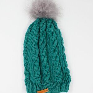 Handmade Hand Knit Caribbean Blue Cable Knit Hat for Kids with Removable Pom Pom
